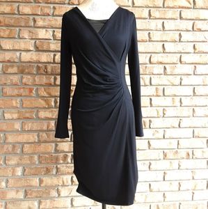 MaxMara black wool blend faux wrap dress.
